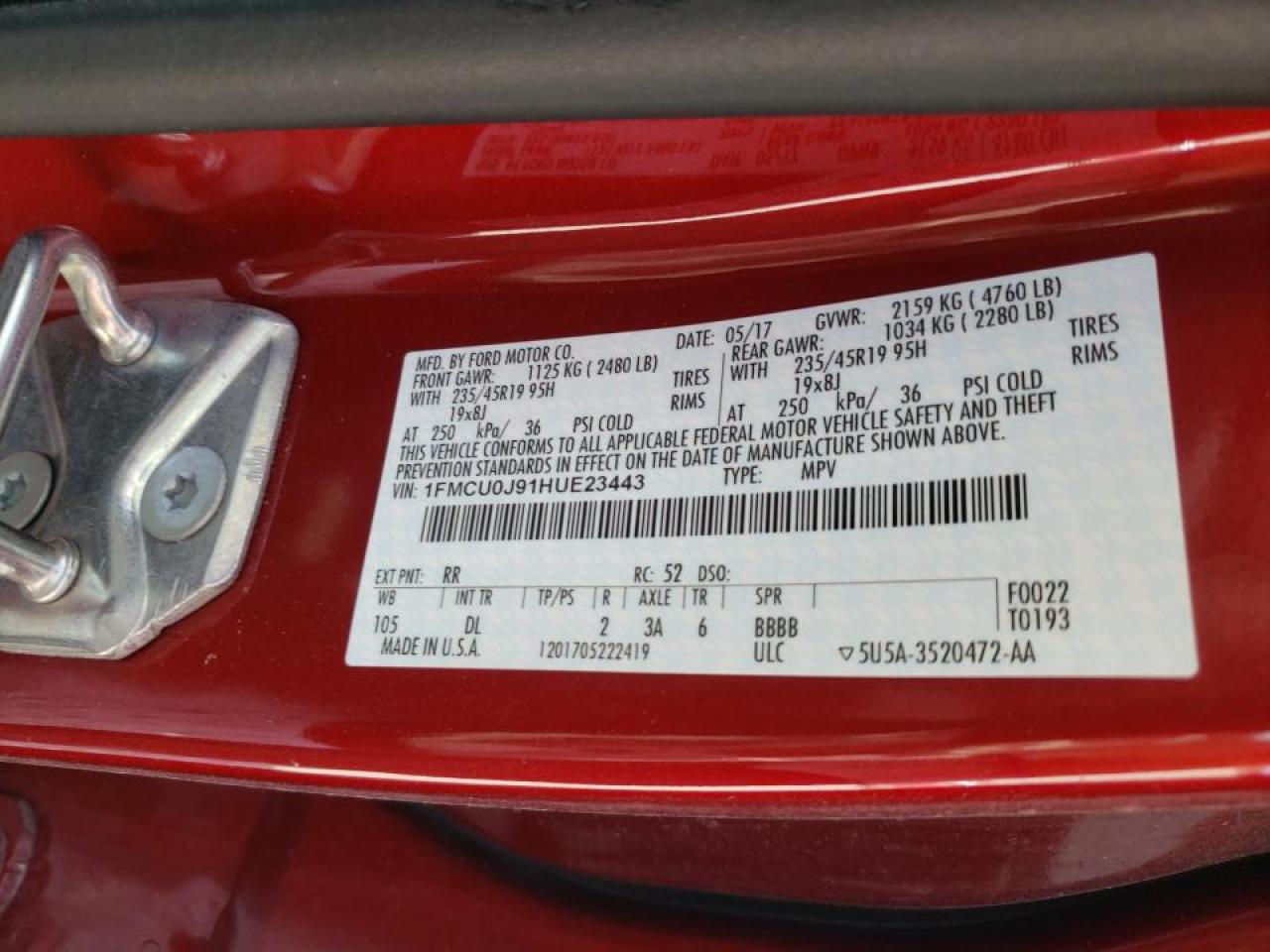Photo 10 from auction – 2017 FORD ESCAPE TIT with VIN 1FMCU0J91HUE23443
