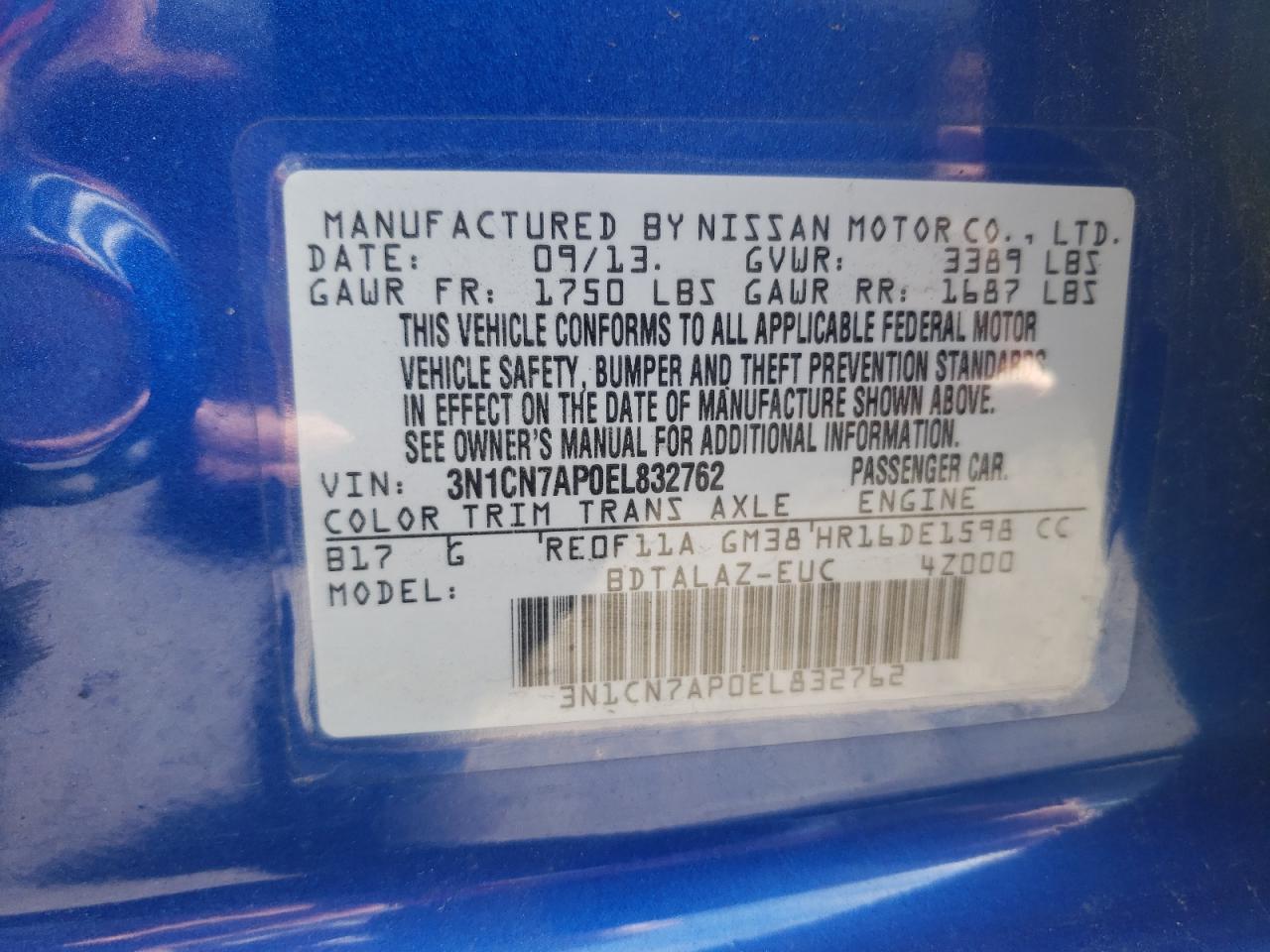 Photo 10 from auction – 2014 NISSAN VERSA S with VIN 3N1CN7AP0EL832762