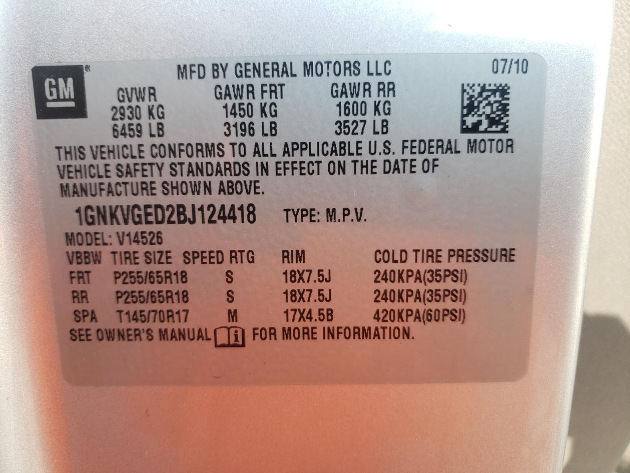 Photo 10 from auction – 2011 CHEVROLET TRAVERSE L with VIN 1GNKVGED2BJ124418