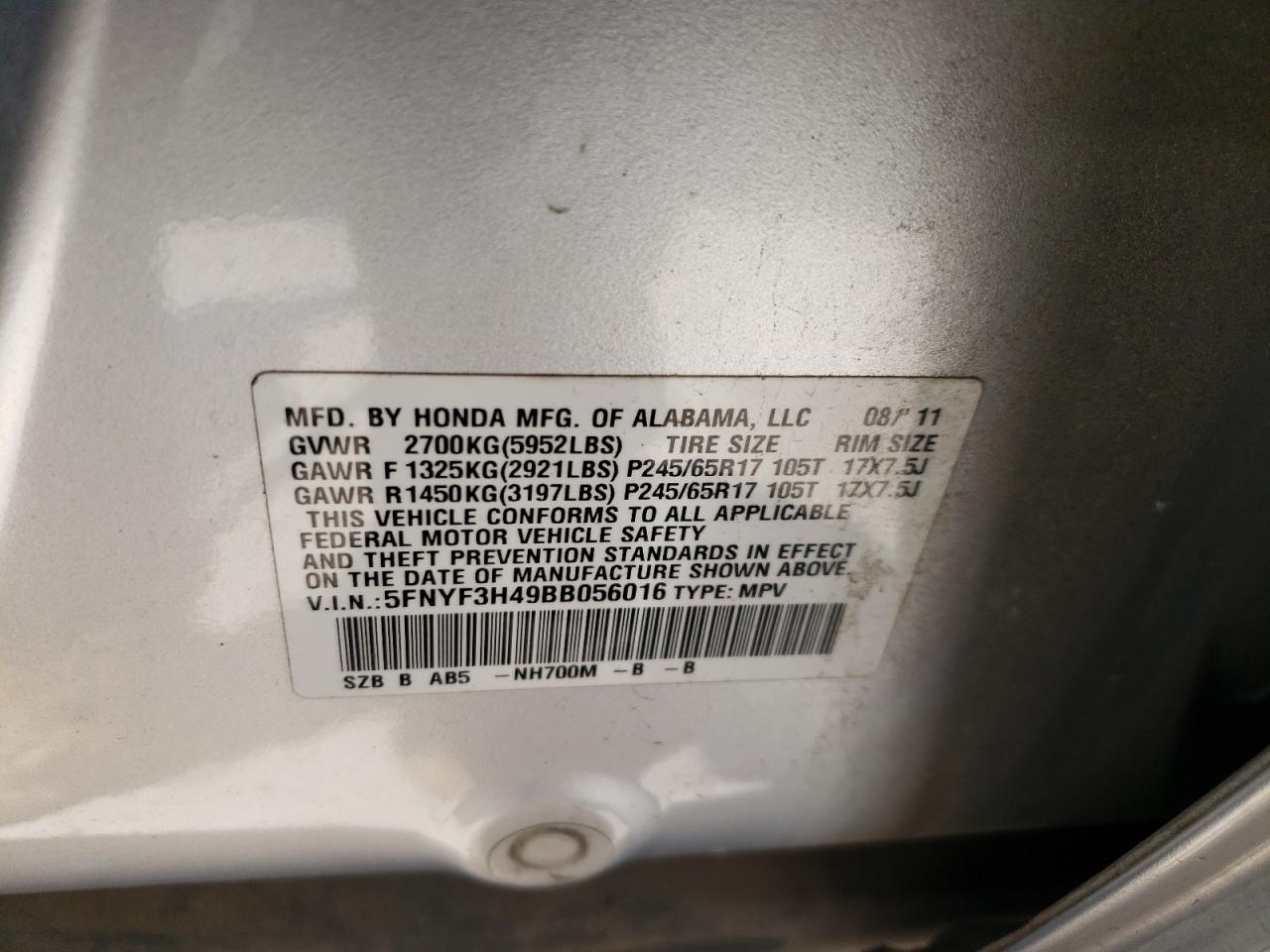 Фото 10 с аукциона – 2011 HONDA PILOT EX с VIN 5FNYF3H49BB056016