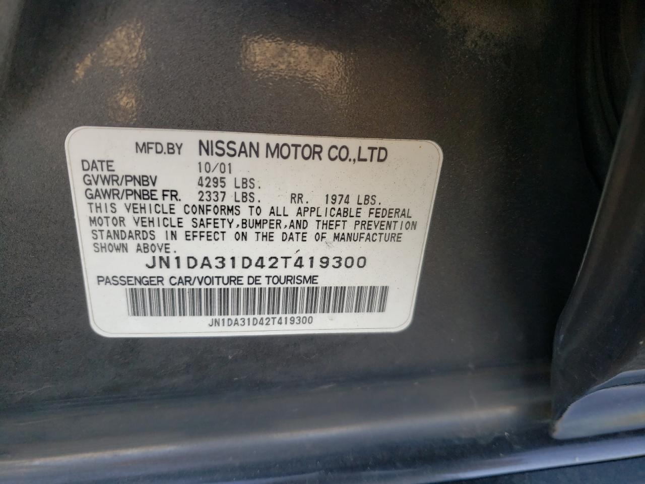 Фото 10 с аукциона – 2002 NISSAN MAXIMA с VIN JN1DA31D42T419300