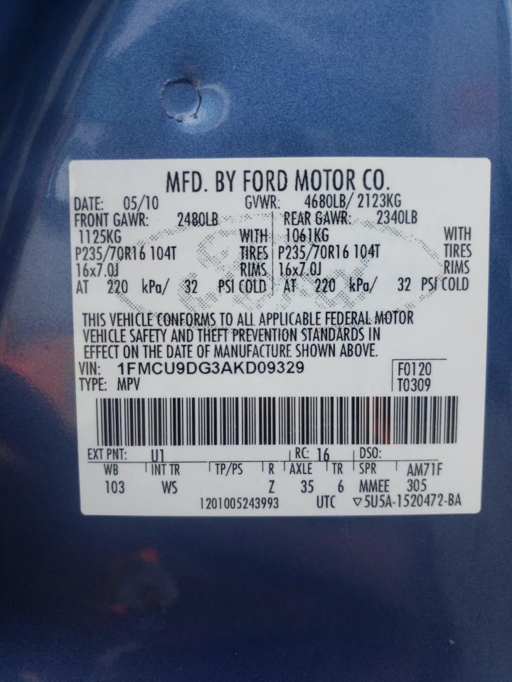 Photo 10 from auction – 2010 FORD ESCAPE XLT with VIN 1FMCU9DG3AKD09329
