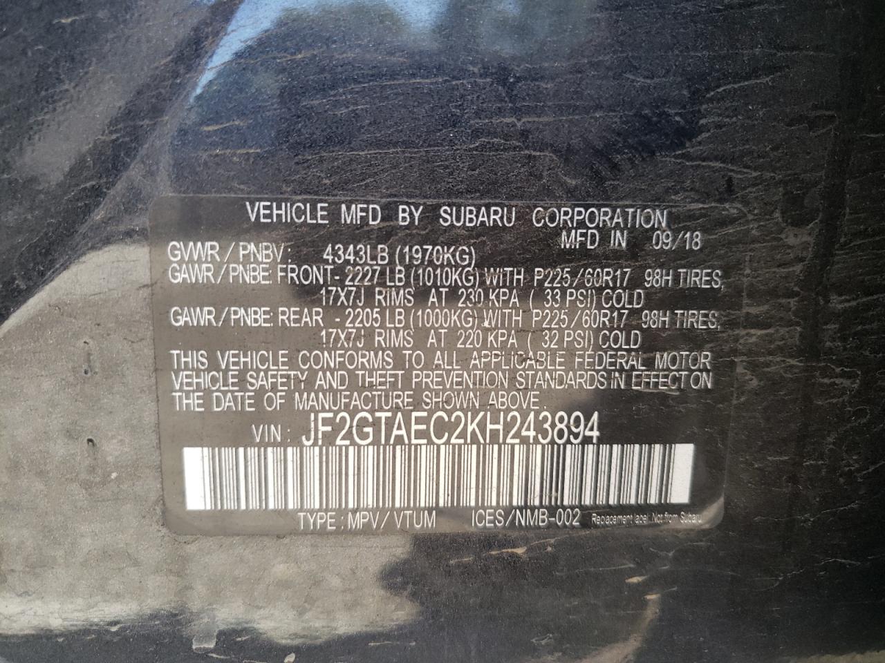 Photo 10 from auction – 2019 SUBARU CROSSTREK with VIN JF2GTAEC2KH243894
