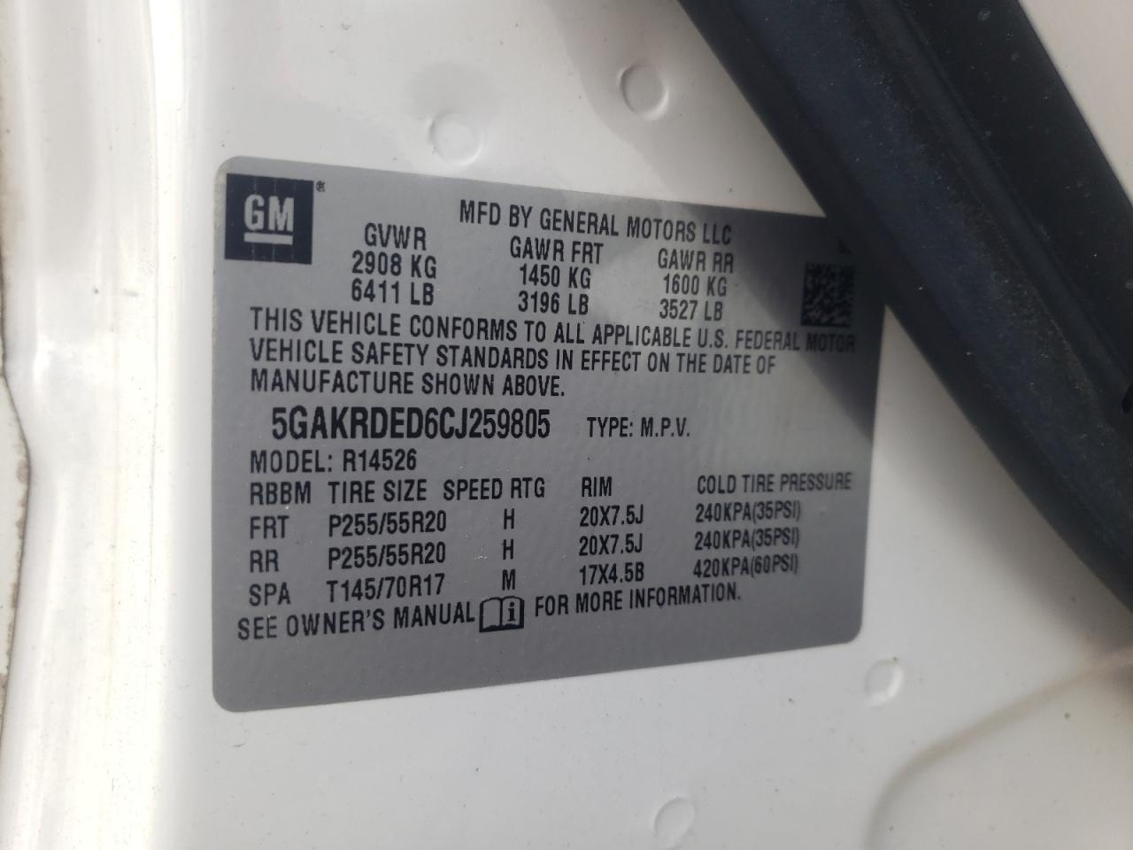 Photo 10 from auction – 2012 BUICK ENCLAVE with VIN 5GAKRDED6CJ259805