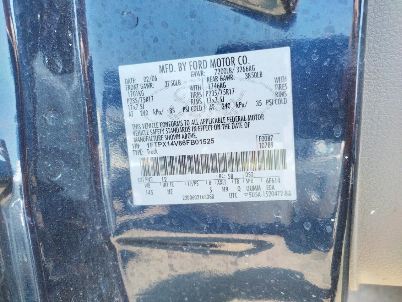 Photo 10 from auction – 2006 FORD F150 with VIN 1FTPX14V86FB01525