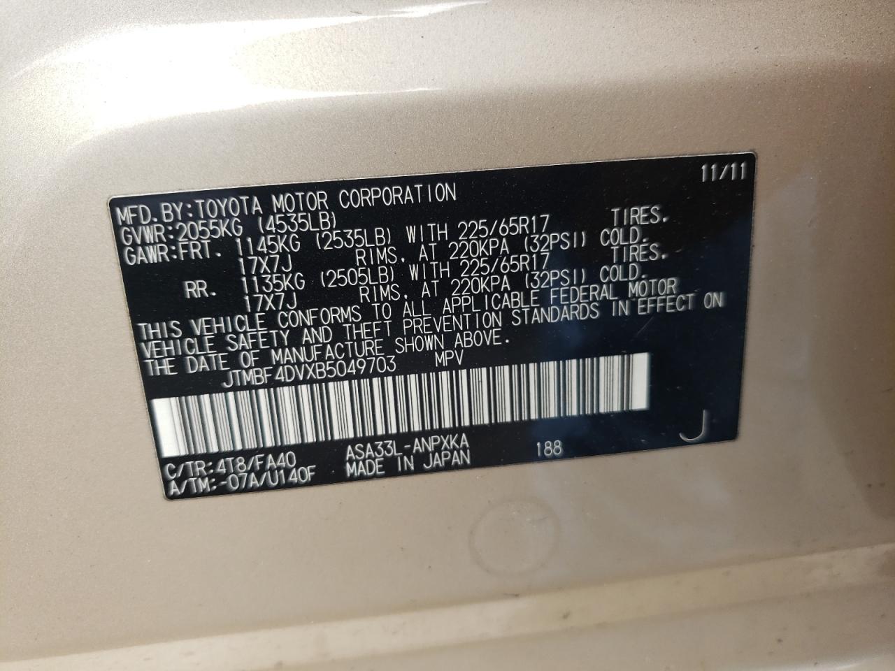 Photo 10 from auction – 2011 TOYOTA RAV4 with VIN JTMBF4DVXB5049703