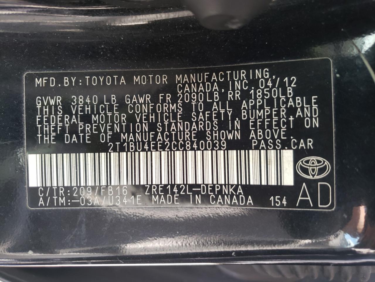 Photo 10 from auction – 2012 TOYOTA COROLLA BA with VIN 2T1BU4EE2CC840039