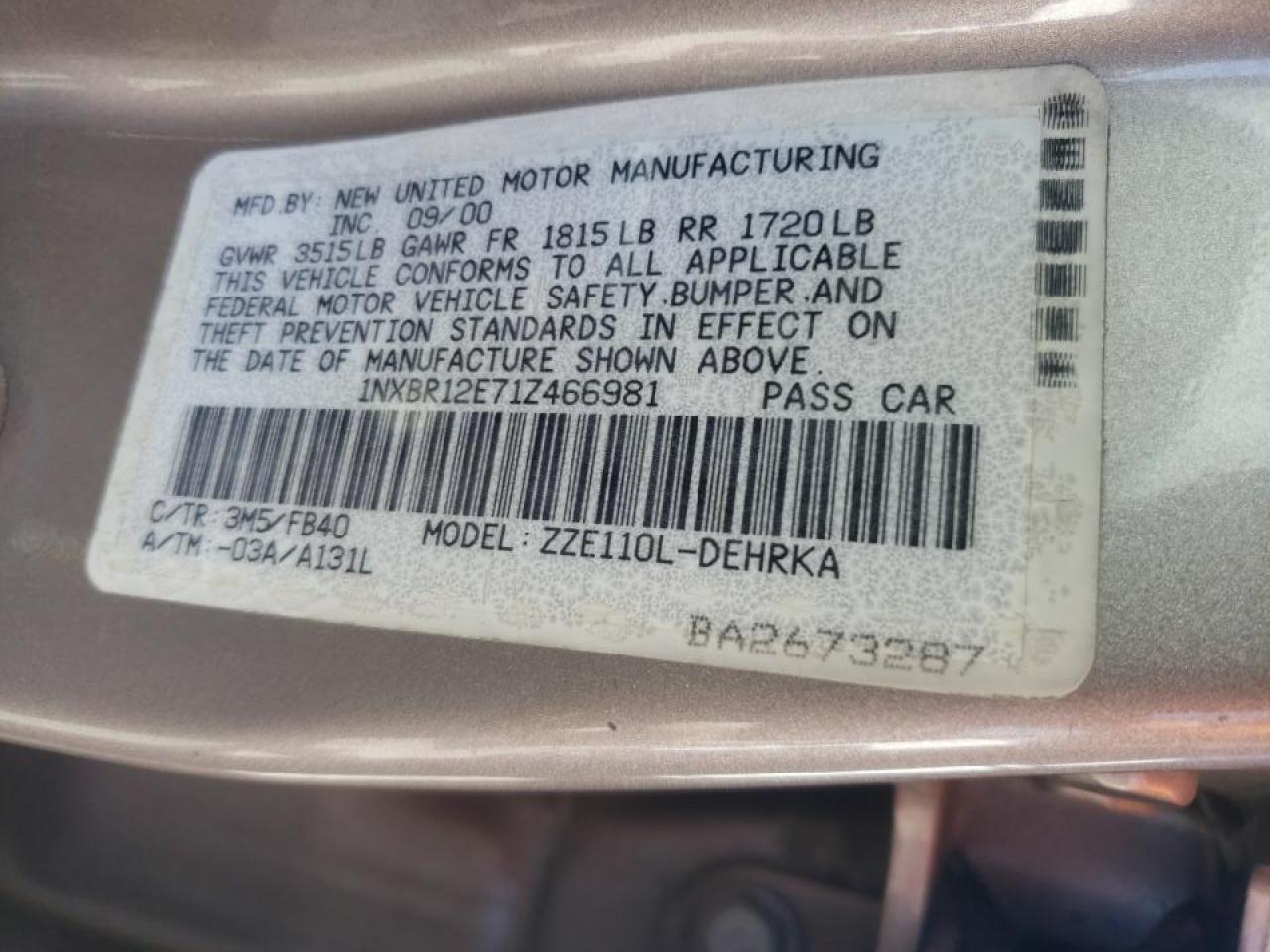 Photo 10 from auction – 2001 TOYOTA COROLLA CE with VIN 1NXBR12E71Z466981