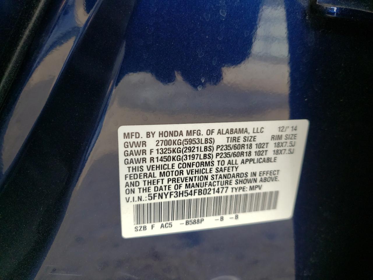Photo 10 from auction – 2015 HONDA PILOT EXL with VIN 5FNYF3H54FB021477