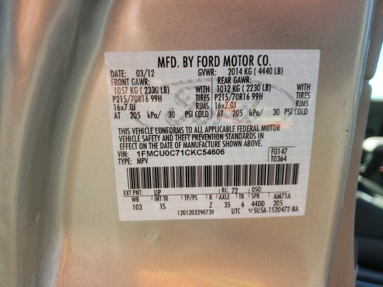 Photo 10 from auction – 2012 FORD ESCAPE XLS with VIN 1FMCU0C71CKC54606