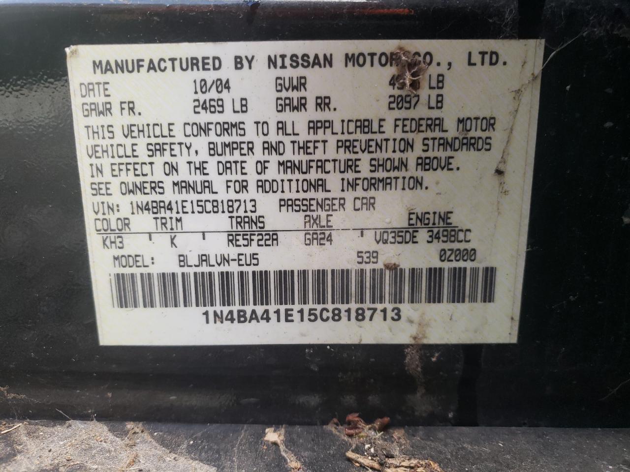 Photo 10 from auction – 2005 NISSAN MAXIMA SE with VIN 1N4BA41E15C818713