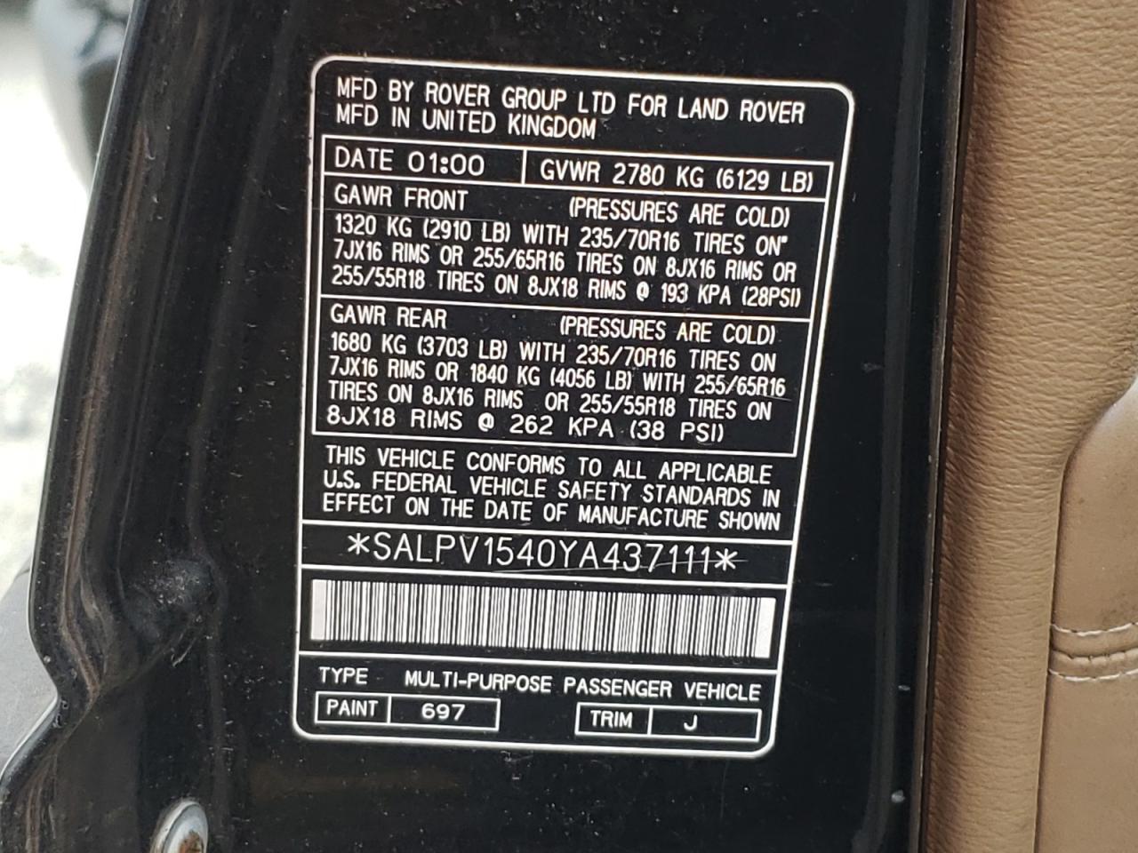 Photo 10 from auction – 2000 LAND ROVER RANGE ROVE with VIN SALPV1540YA437111