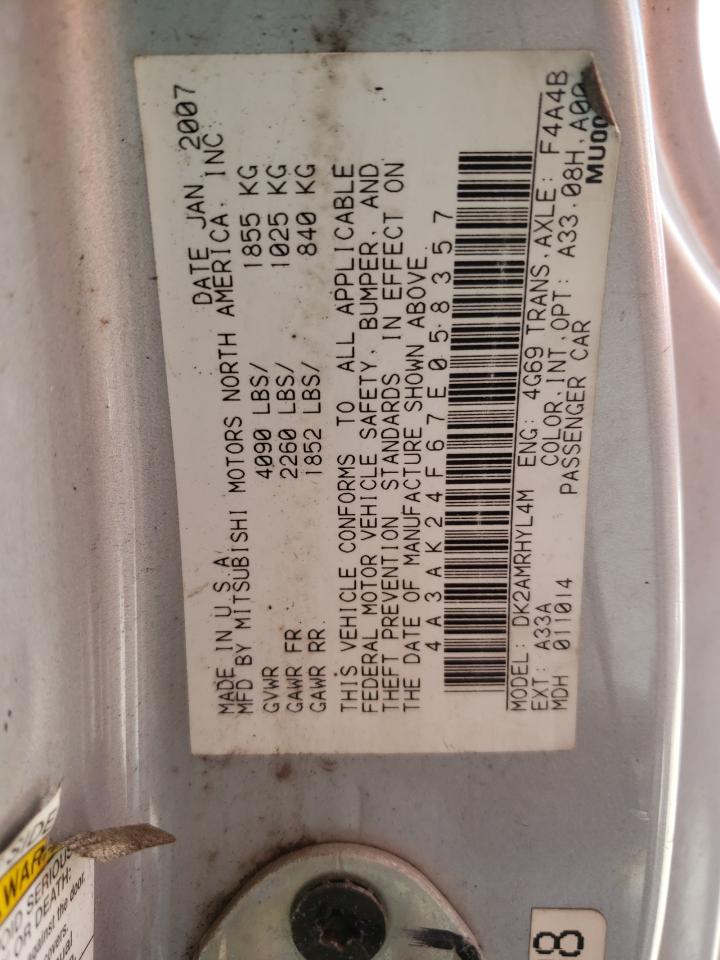 Photo 10 from auction – 2007 MITSUBISHI ECLIPSE GS with VIN 4A3AK24F67E058357