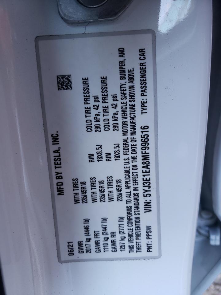 Photo 10 from auction – 2021 TESLA MODEL 3 with VIN 5YJ3E1EA8MF996516