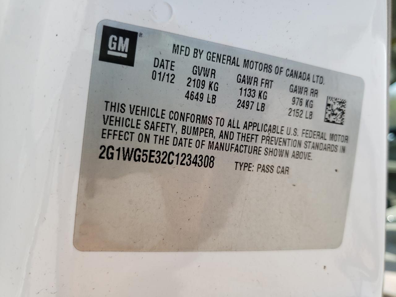 Photo 10 from auction – 2012 CHEVROLET IMPALA LT with VIN 2G1WG5E32C1234308