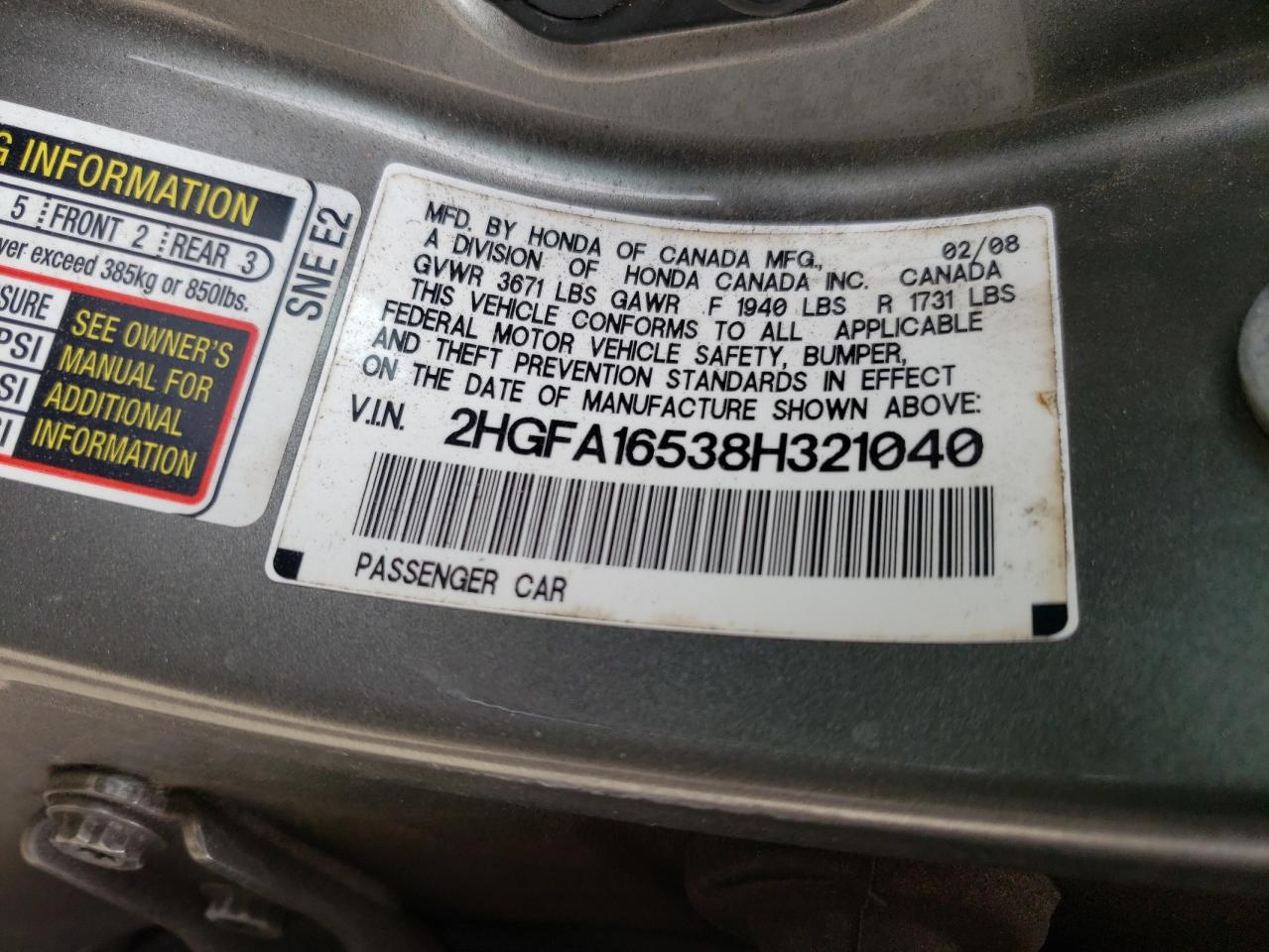 Photo 10 from auction – 2008 HONDA CIVIC LX with VIN 2HGFA16538H321040