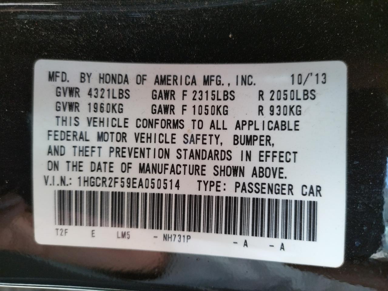 Photo 10 from auction – 2014 HONDA ACCORD SPO with VIN 1HGCR2F59EA050514