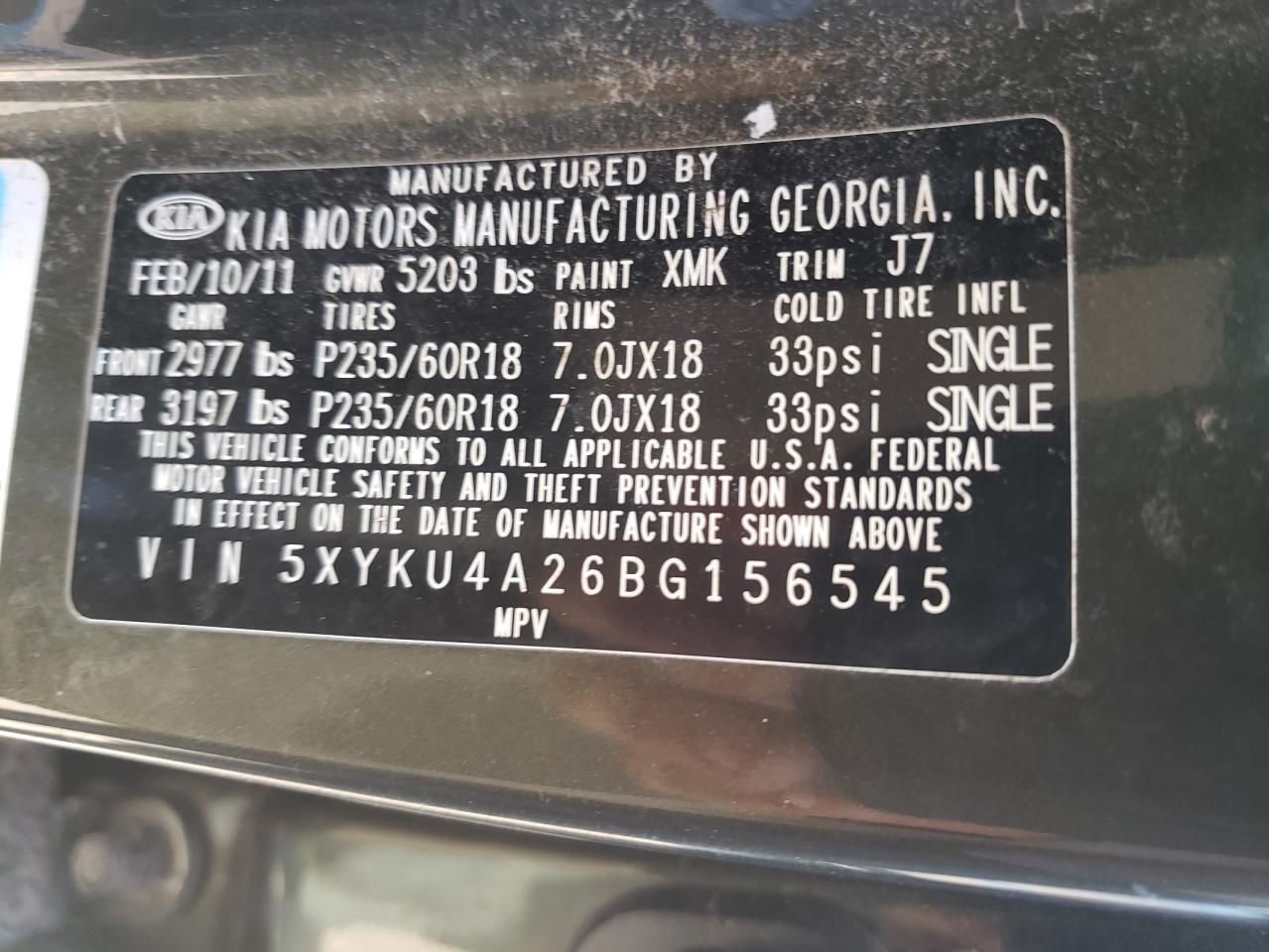 Photo 10 from auction – 2011 KIA SORENTO EX with VIN 5XYKU4A26BG156545