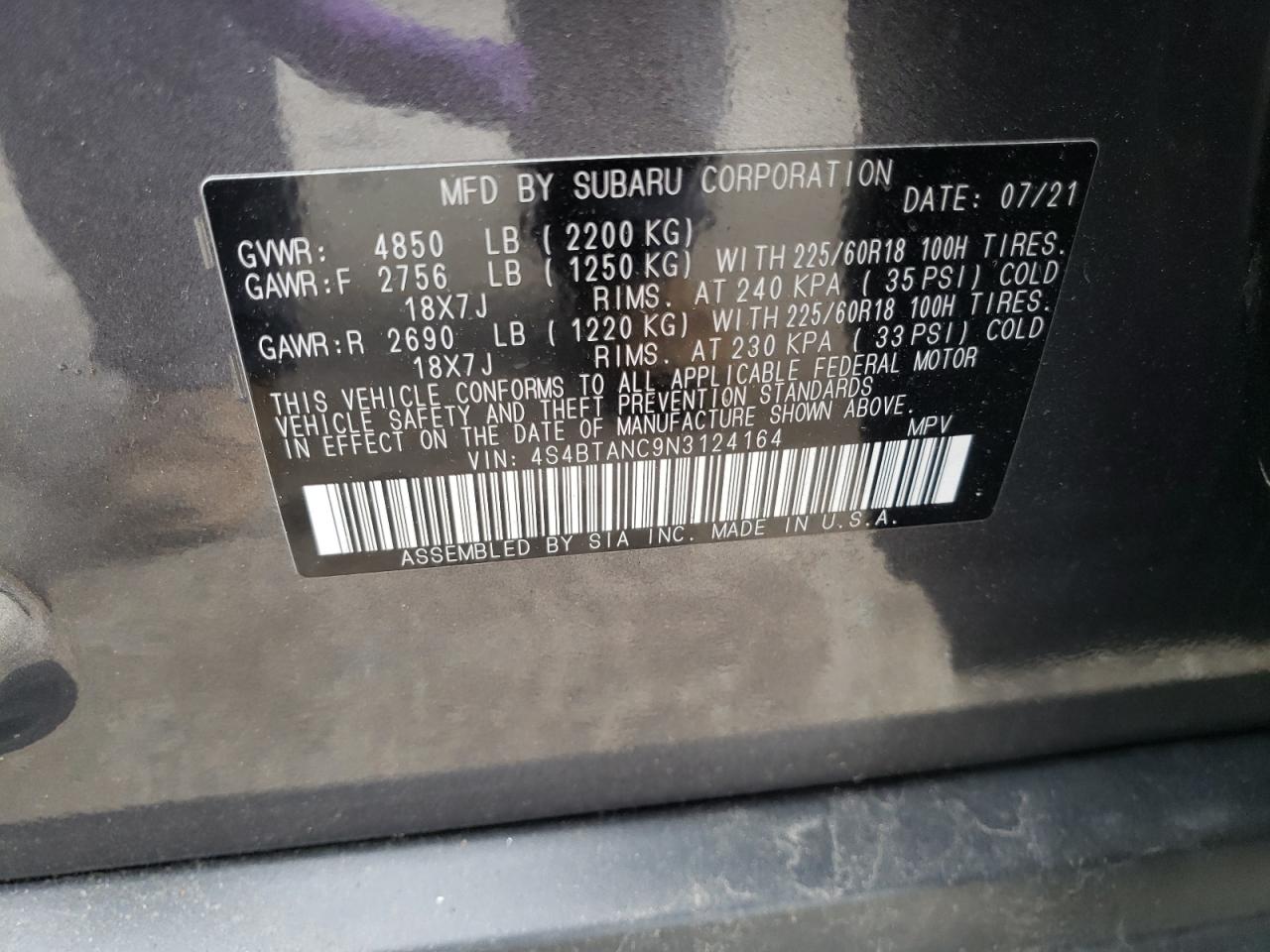 Photo 10 from auction – 2022 SUBARU OUTBACK LI with VIN 4S4BTANC9N3124164