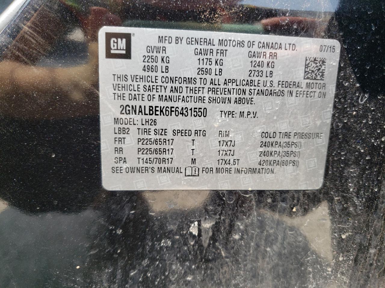 Photo 10 from auction – 2015 CHEVROLET EQUINOX LT with VIN 2GNALBEK6F6431550