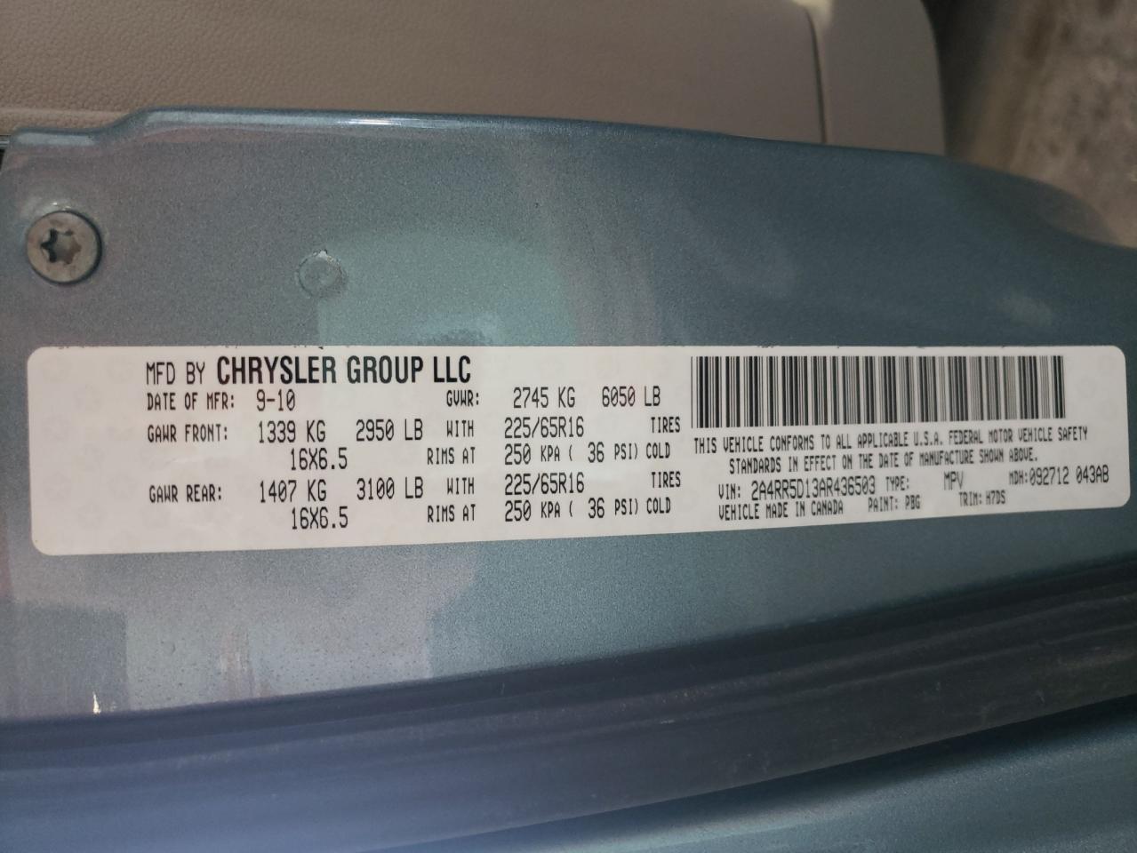 Photo 10 from auction – 2010 CHRYSLER TOWN & COU with VIN 2A4RR5D13AR436503
