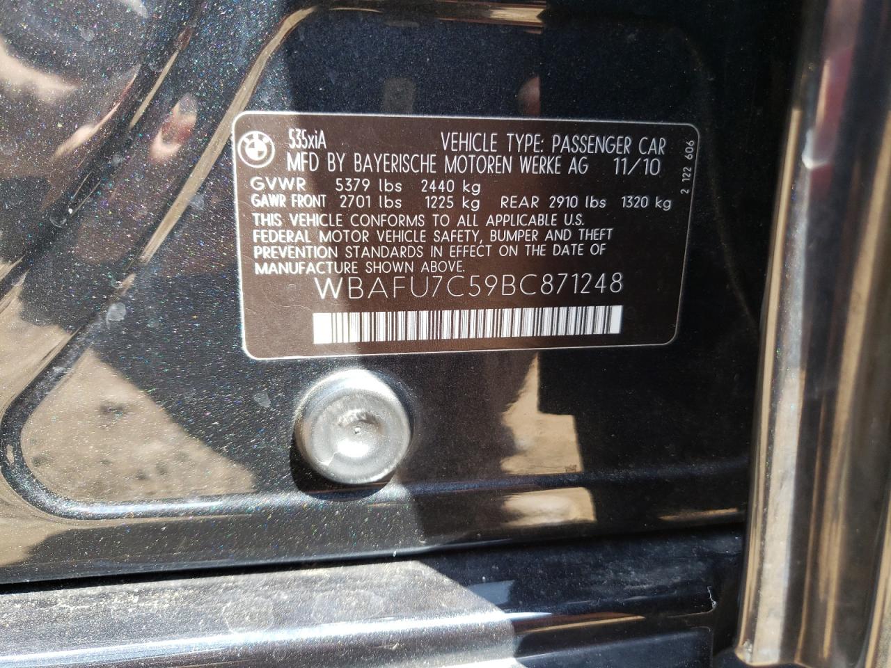 Photo 10 from auction – 2011 BMW 535 XI with VIN WBAFU7C59BC871248