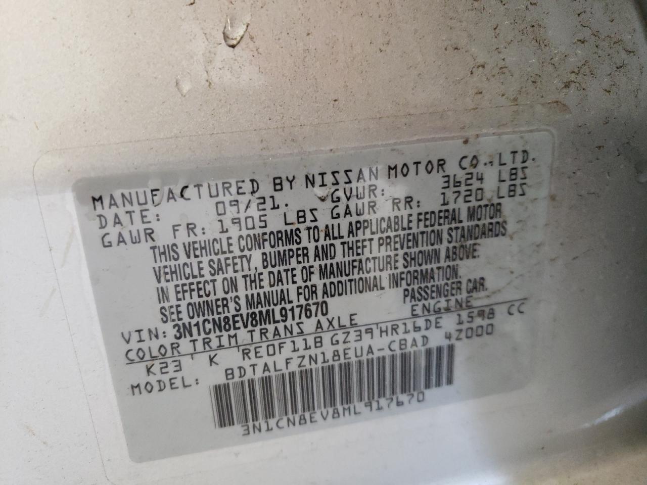 Photo 10 from auction – 2021 NISSAN VERSA SV with VIN 3N1CN8EV8ML917670