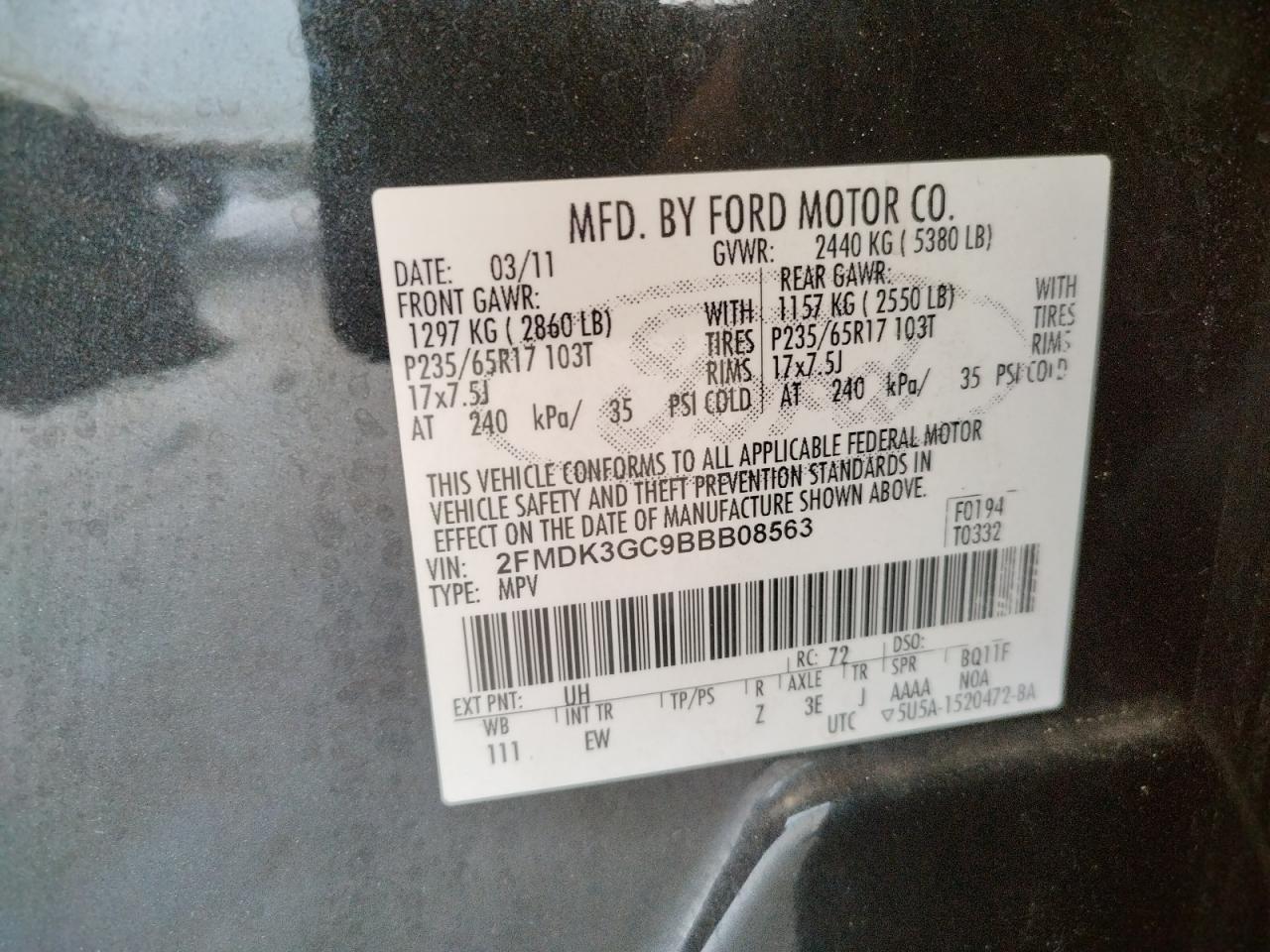 Photo 10 from auction – 2011 FORD EDGE SE with VIN 2FMDK3GC9BBB08563