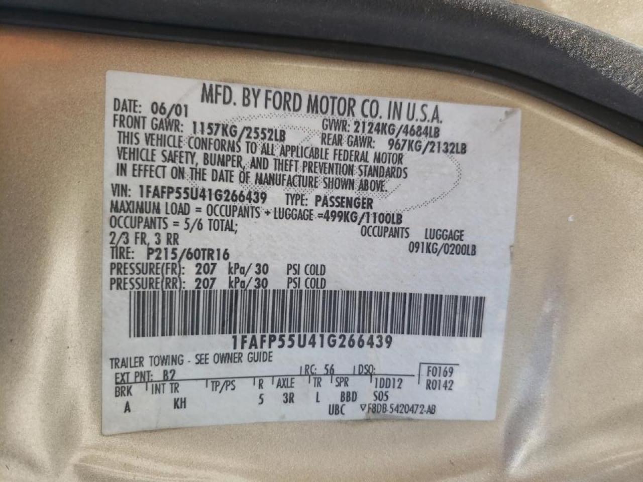 Photo 10 from auction – 2001 FORD TAURUS SES with VIN 1FAFP55U41G266439