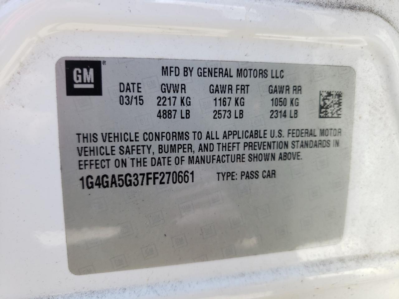 Photo 10 from auction – 2015 BUICK LACROSSE with VIN 1G4GA5G37FF270661