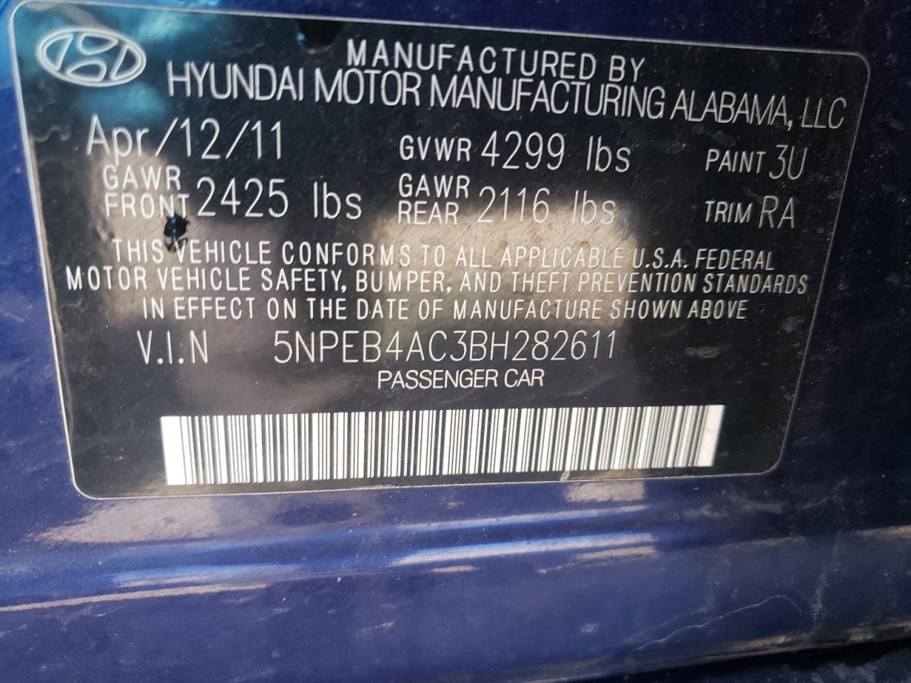 Photo 10 from auction – 2011 HYUNDAI SONATA GLS with VIN 5NPEB4AC3BH282611