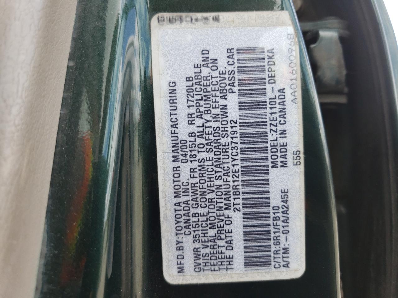 Photo 10 from auction – 2000 TOYOTA COROLLA VE with VIN 2T1BR12E1YC371912