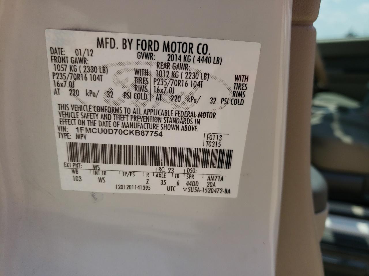Photo 10 from auction – 2012 FORD ESCAPE XLT with VIN 1FMCU0D70CKB87754