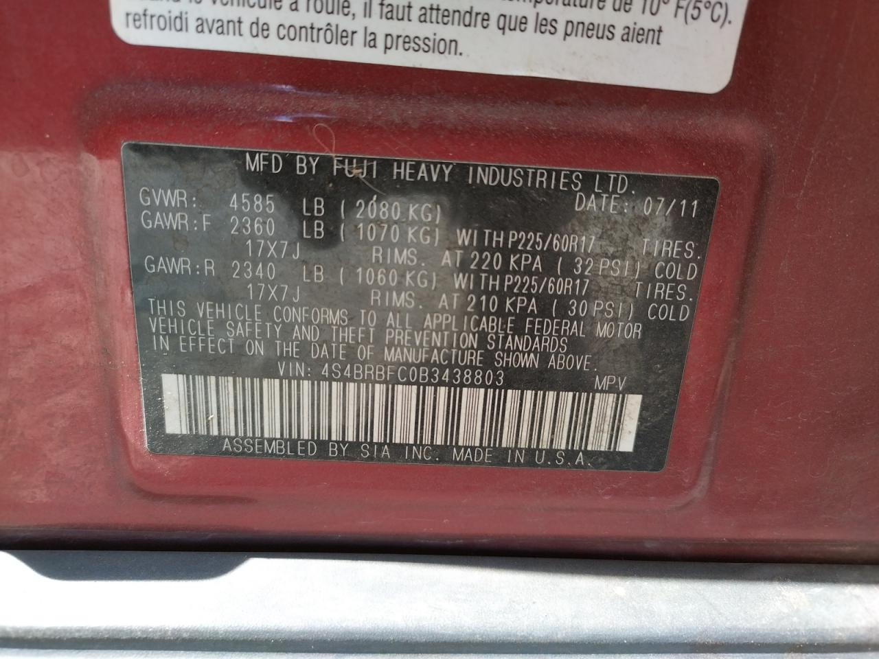 Снимка 10 от търг – 2011 SUBARU OUTBACK 2. с VIN 4S4BRBFC0B3438803