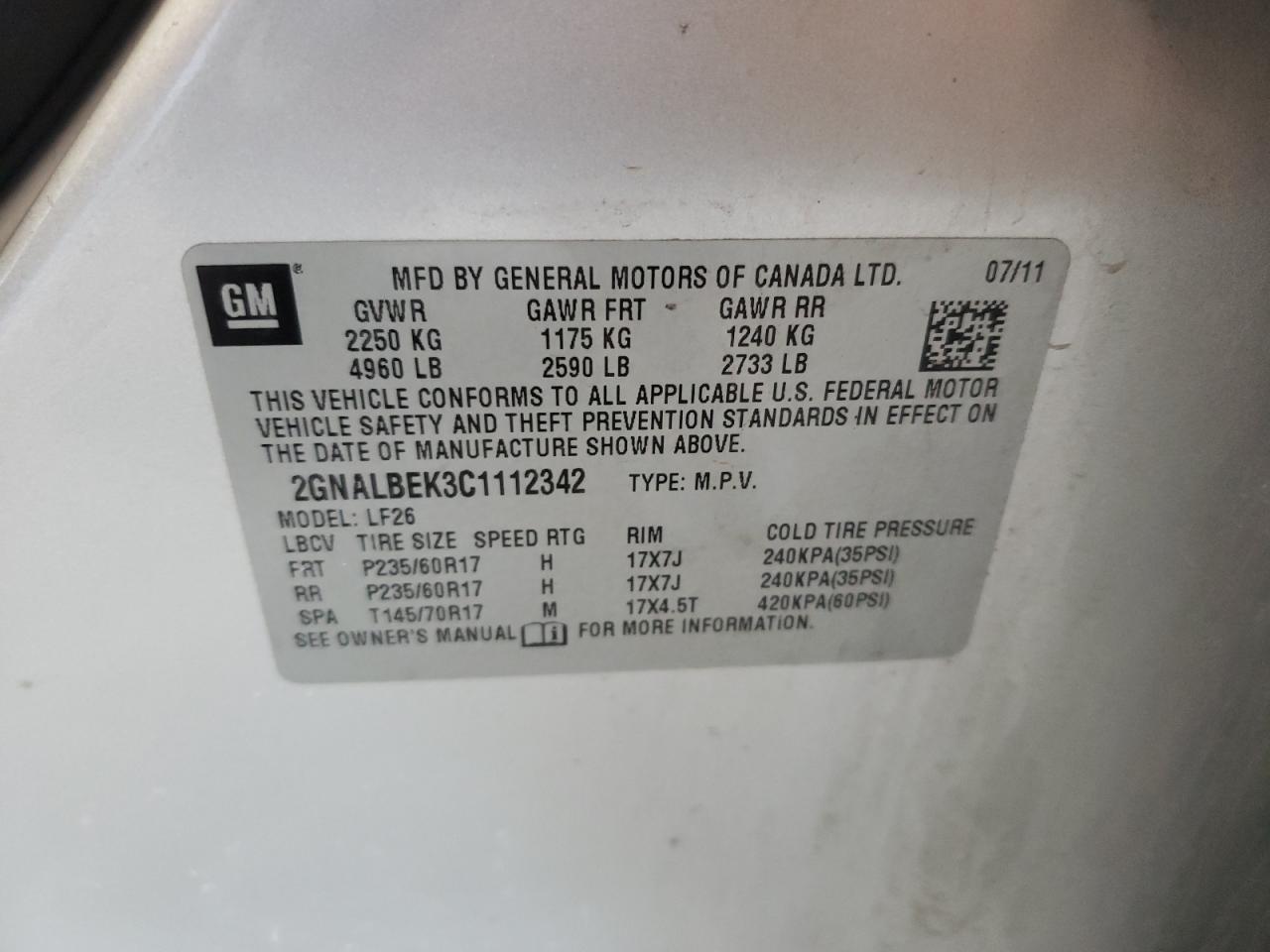 Photo 11 from auction – 2012 CHEVROLET EQUINOX LS with VIN 2GNALBEK3C1112342