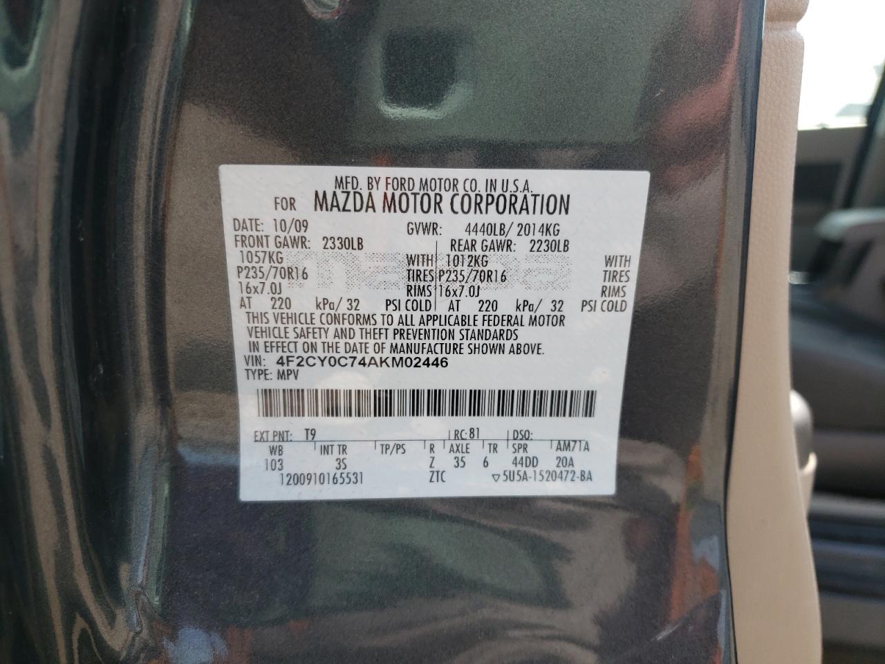 Photo 10 from auction – 2010 MAZDA TRIBUTE I with VIN 4F2CY0C74AKM02446