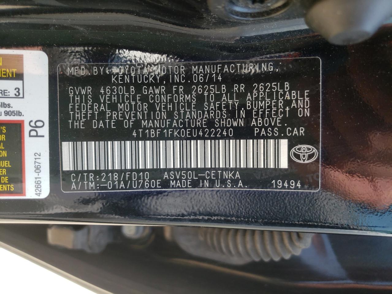 Photo 10 from auction – 2014 TOYOTA CAMRY L with VIN 4T1BF1FK0EU422240