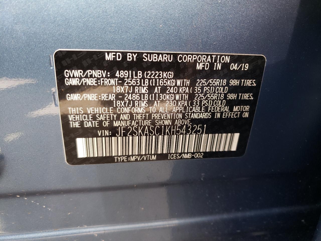Photo 10 from auction – 2019 SUBARU FORESTER L with VIN JF2SKASC1KH543251