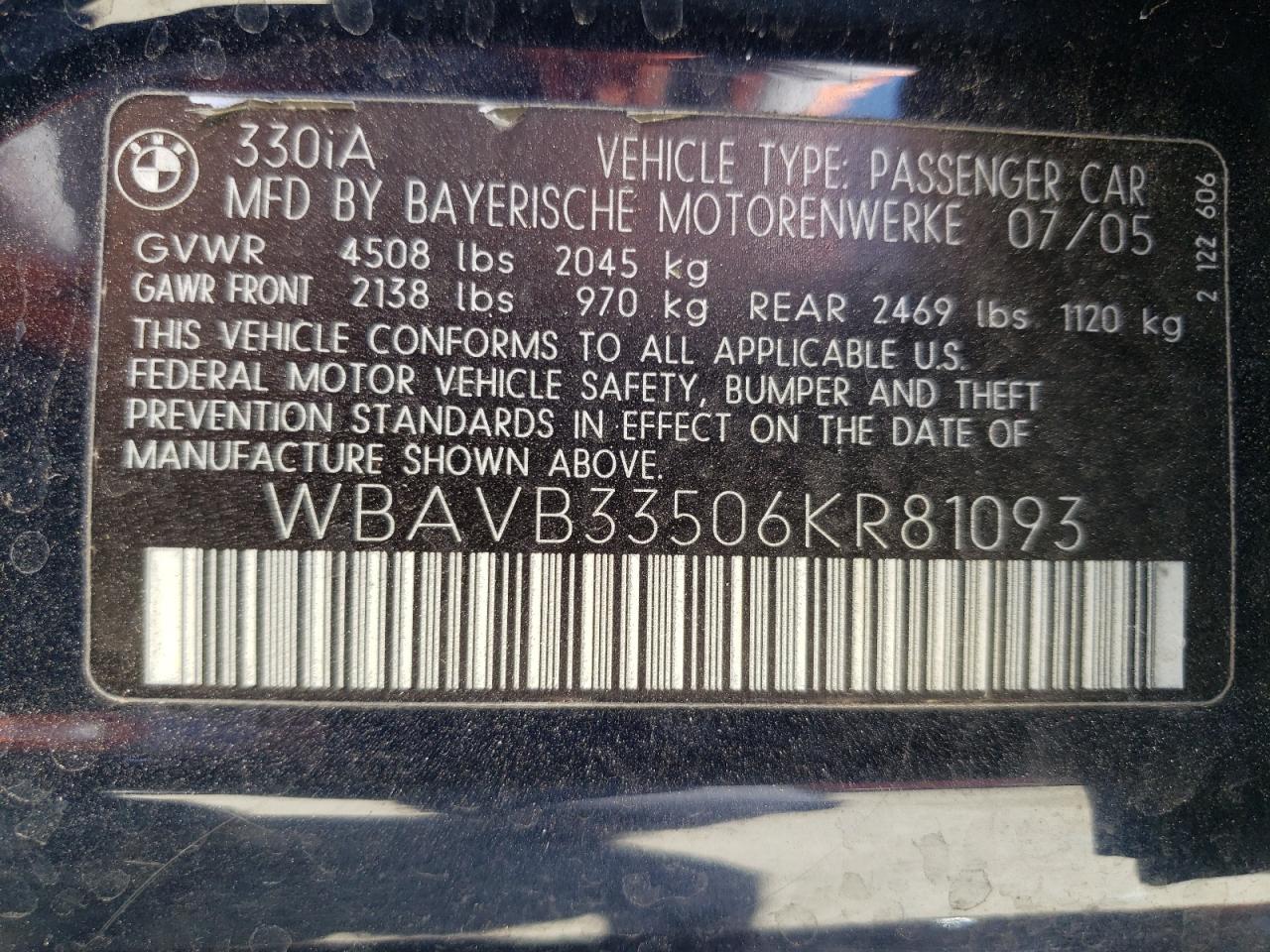 Photo 10 from auction – 2006 BMW 330 I with VIN WBAVB33506KR81093