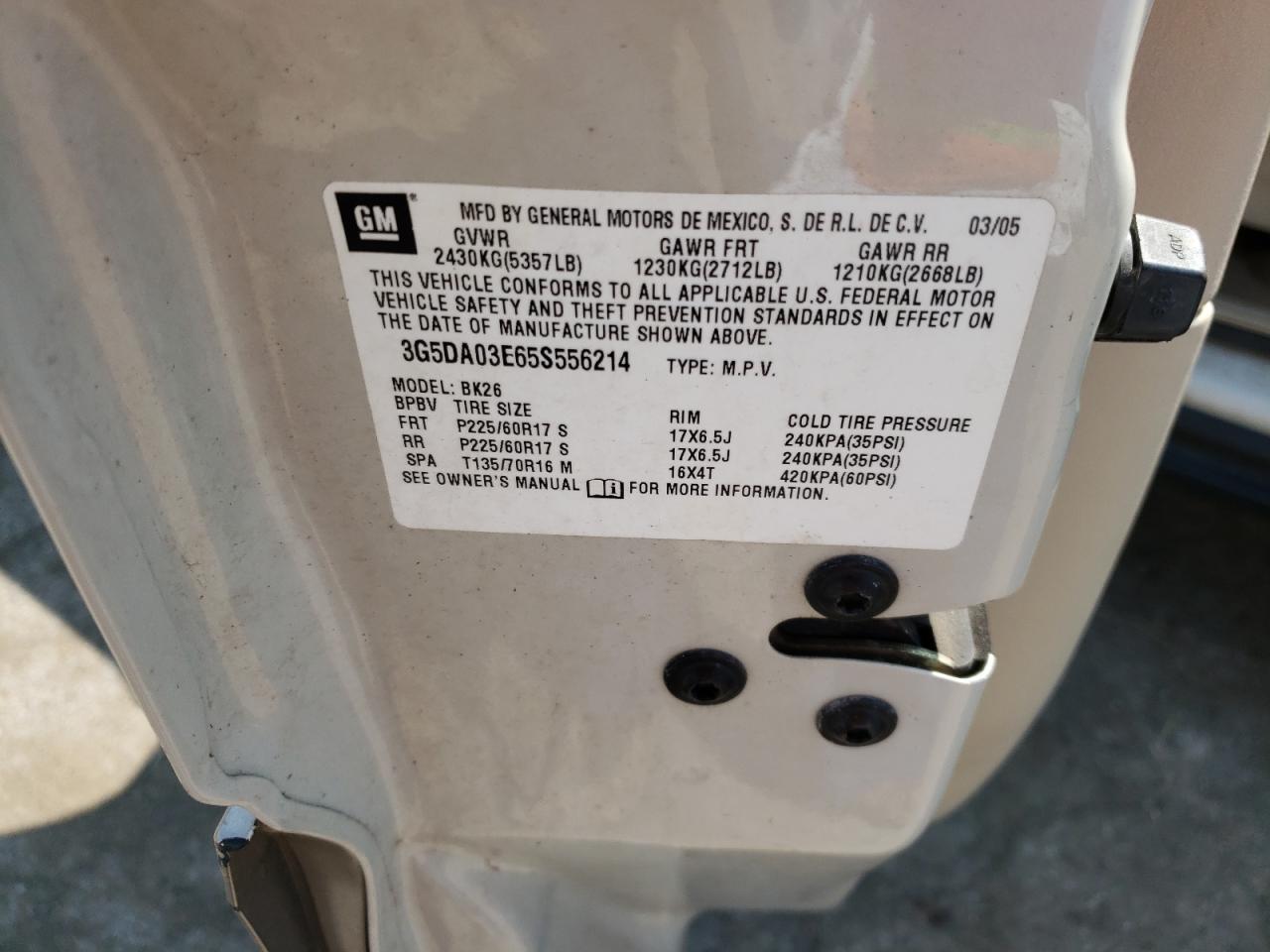 Photo 10 from auction – 2005 BUICK RENDEZVOUS with VIN 3G5DA03E65S556214