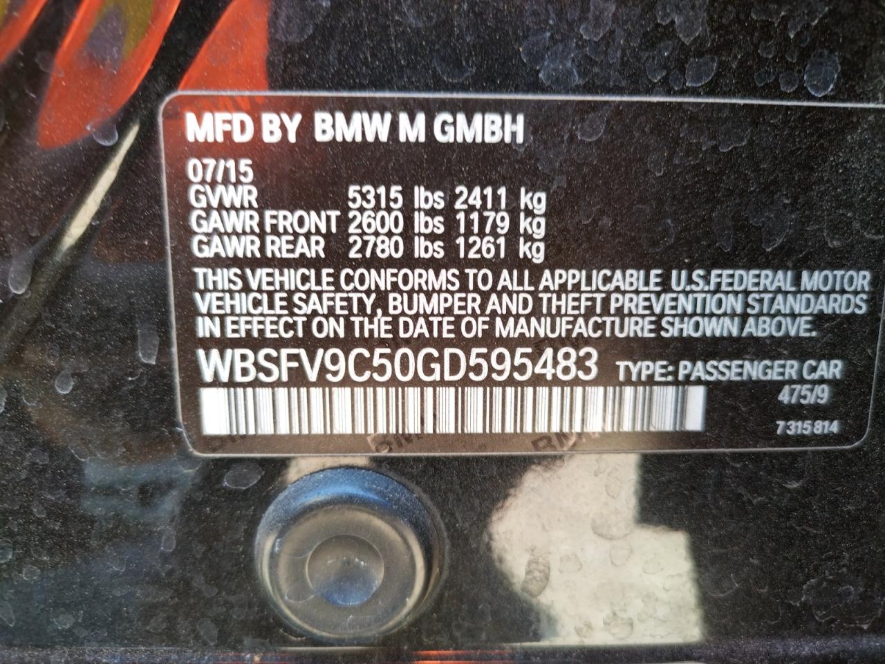 Photo 10 from auction – 2016 BMW M5 with VIN WBSFV9C50GD595483