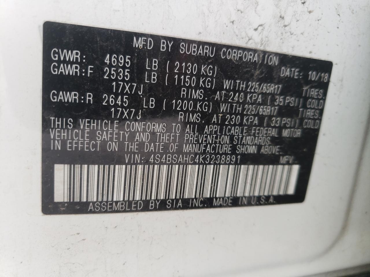 Zdjęcie 10 z aukcji – 2019 SUBARU OUTBACK 2. z VIN 4S4BSAHC4K3238891