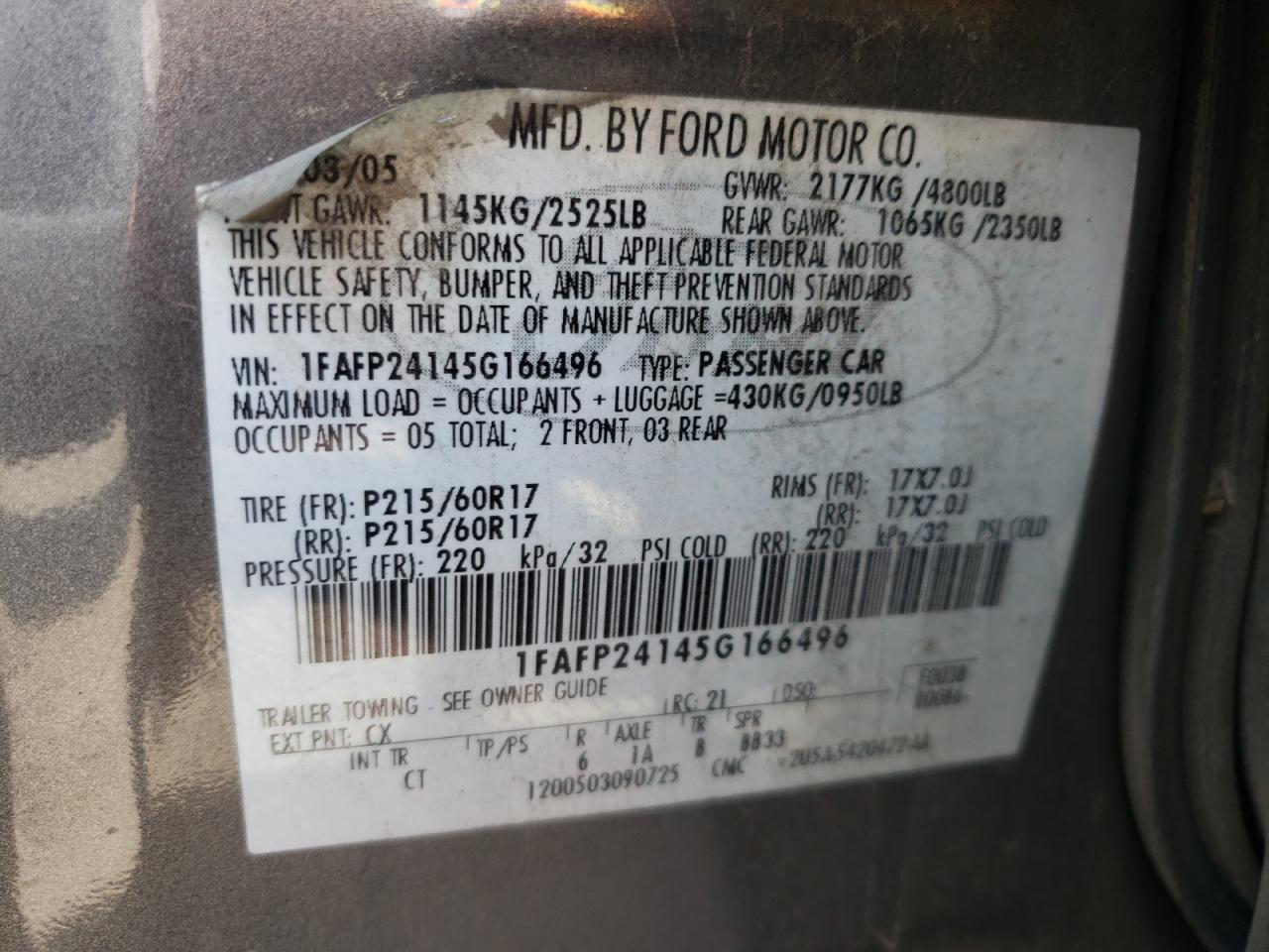 Photo 10 from auction – 2005 FORD FIVE HUNDR with VIN 1FAFP24145G166496