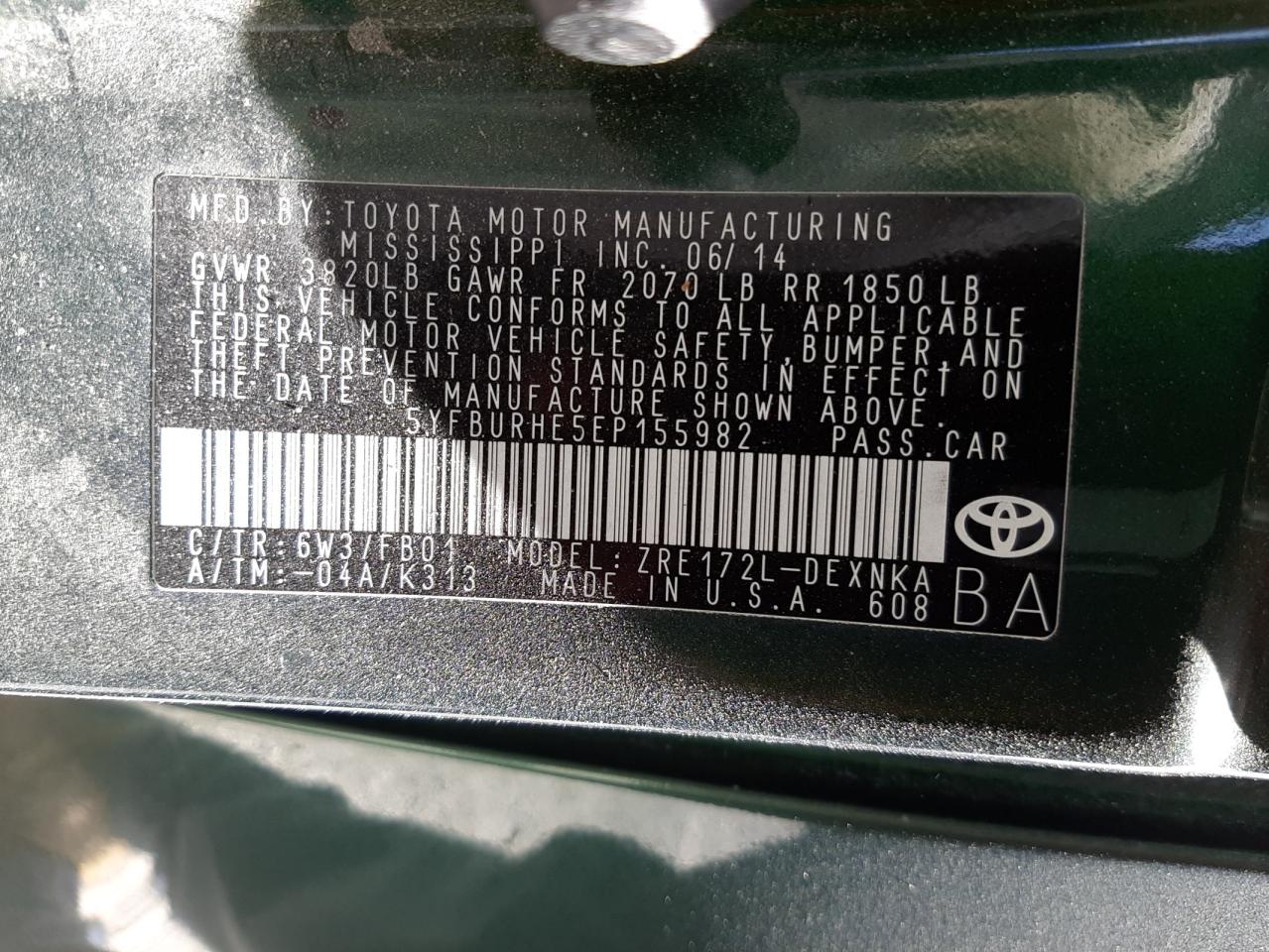 Photo 10 from auction – 2014 TOYOTA COROLLA L with VIN 5YFBURHE5EP155982