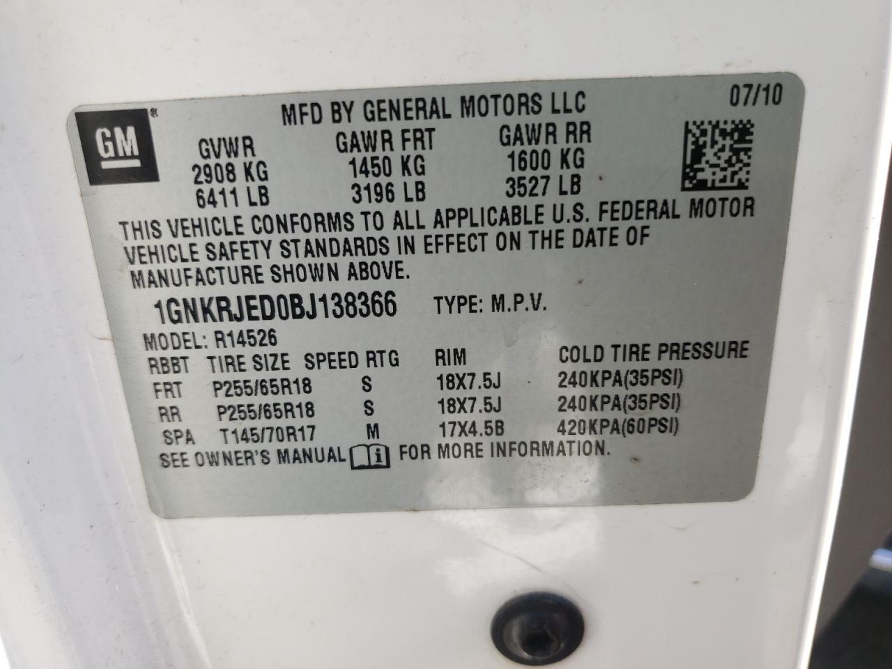 Photo 10 from auction – 2011 CHEVROLET TRAVERSE L with VIN 1GNKRJED0BJ138366