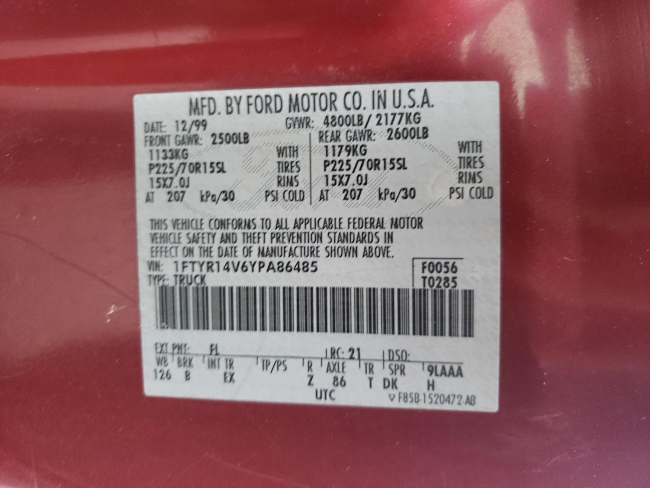 Photo 10 from auction – 2000 FORD RANGER SUP with VIN 1FTYR14V6YPA86485