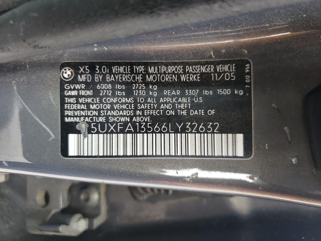 Photo 10 from auction – 2006 BMW X5 3.0I with VIN 5UXFA13566LY32632