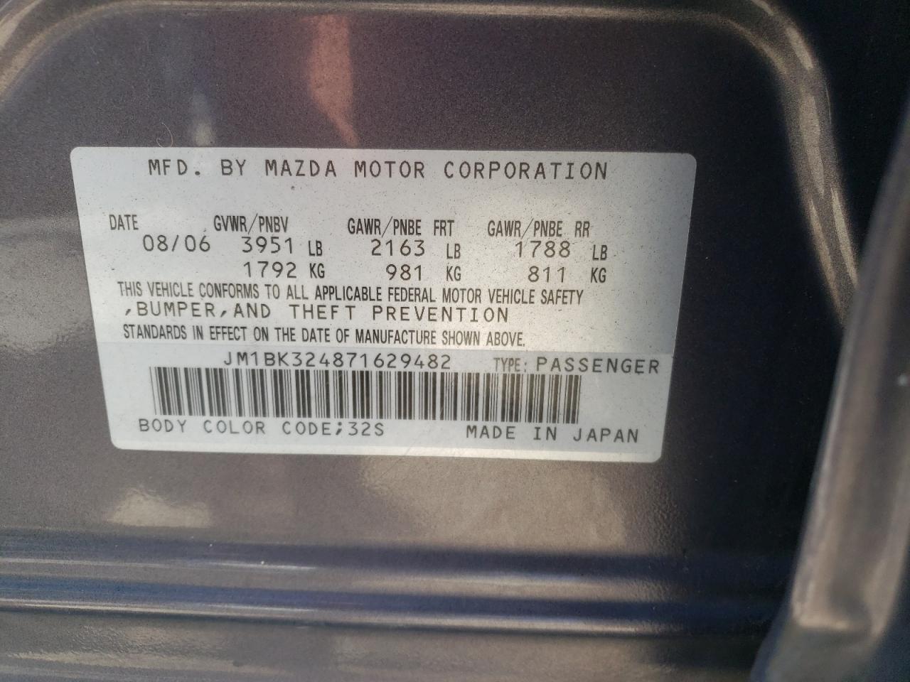 Photo 10 from auction – 2007 MAZDA 3 S with VIN JM1BK324871629482