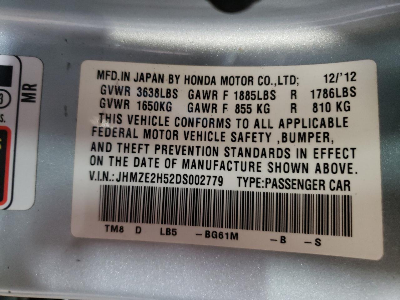Photo 10 from auction – 2013 HONDA INSIGHT LX with VIN JHMZE2H52DS002779