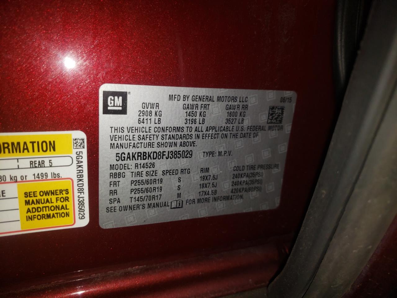 Photo 10 from auction – 2015 BUICK ENCLAVE with VIN 5GAKRBKD8FJ385029
